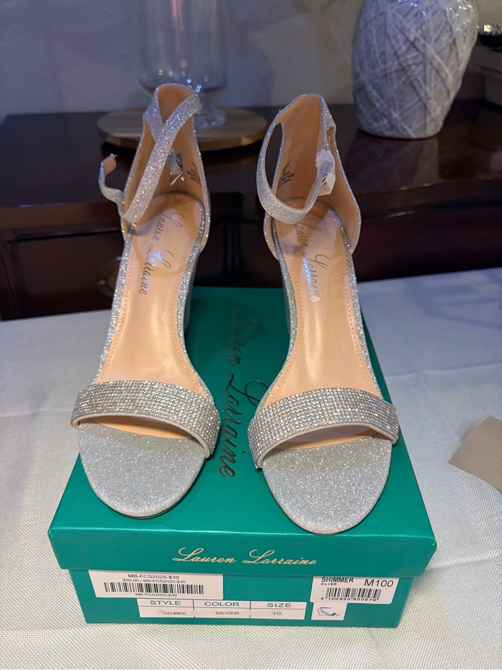 Lauren Lorraine Silver Glitter Ankle-Strap Heels with Crystal Band